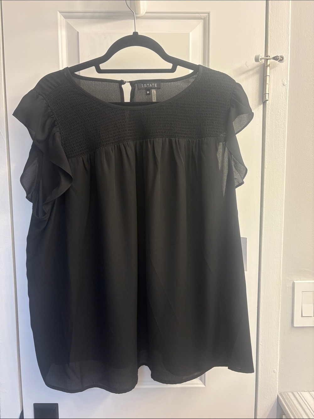 1. State Black Smocked Yoke Ruffle Sleeve Blouse